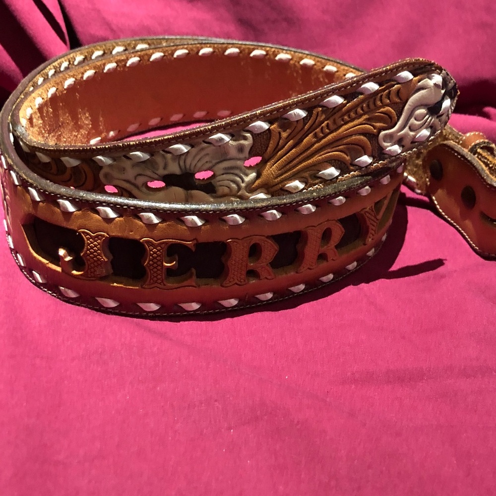 JERRY personalized hand tooled and cutout Kona Kut Brown Leather Belt